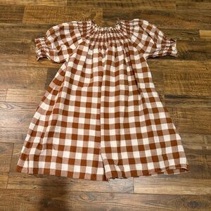 Doen Rust and White Gingham Smocked Off-Shoulder Mini Dress
